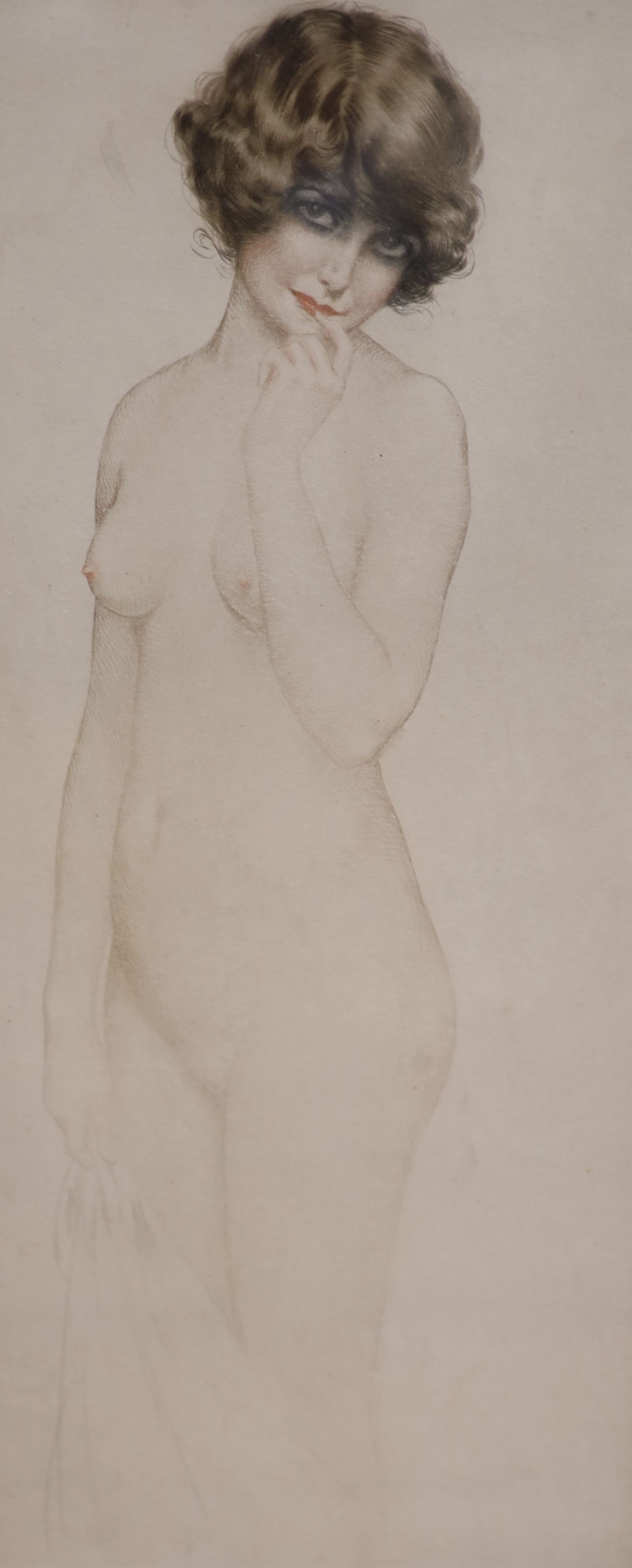 Three Continental coloured drypoint etchings, signed, circa 1913, posing young ladies, largest 39 x 18cm.